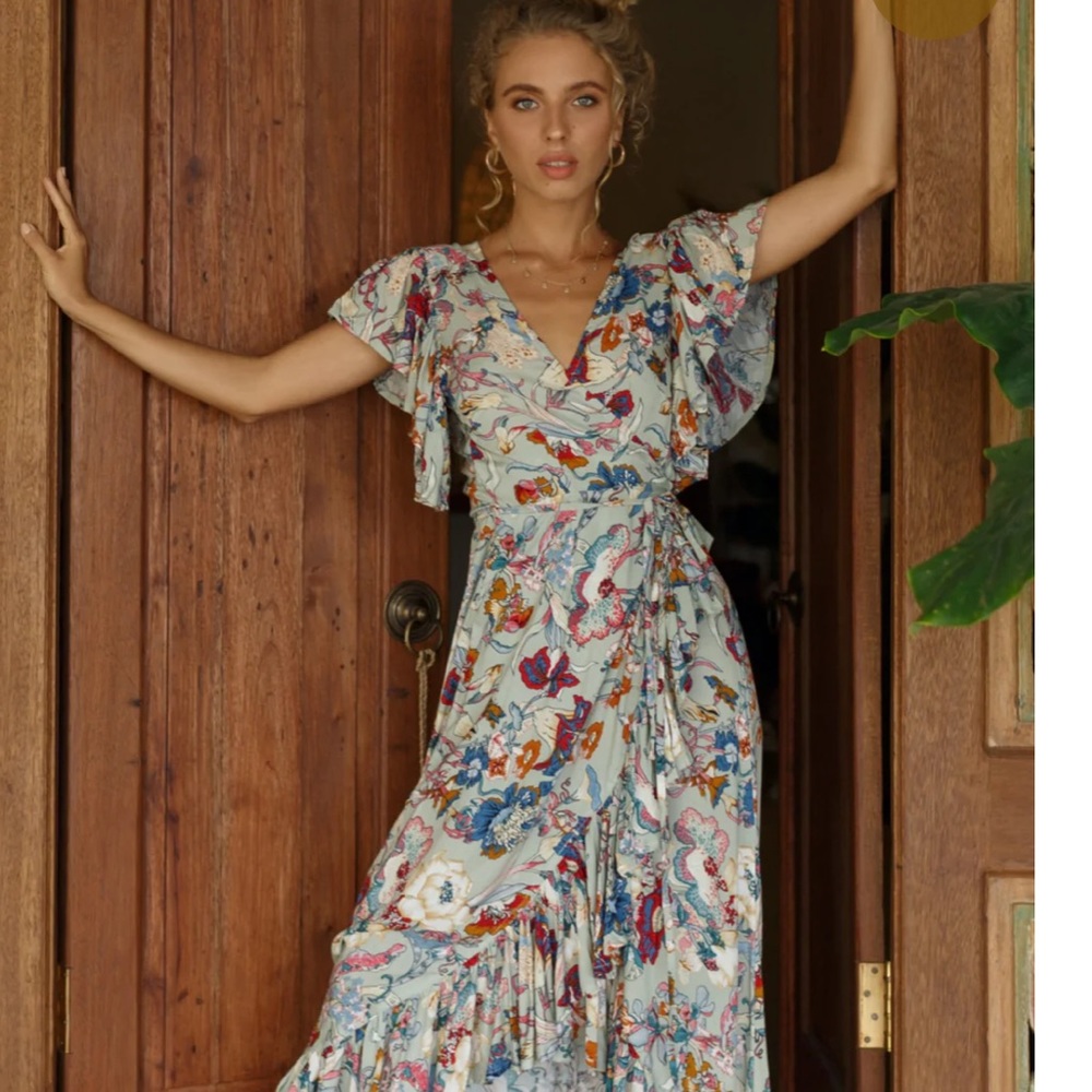 BaliElf Carmen Wrap Multicolor Floral Hi Low Maxi Dress M NWT